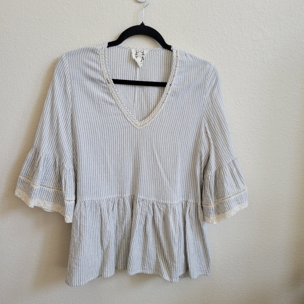 PPLA Clothing Ericka Woven Top Navy/Ivory Striped Boho Blouse W Bell Sleeve Sz 8